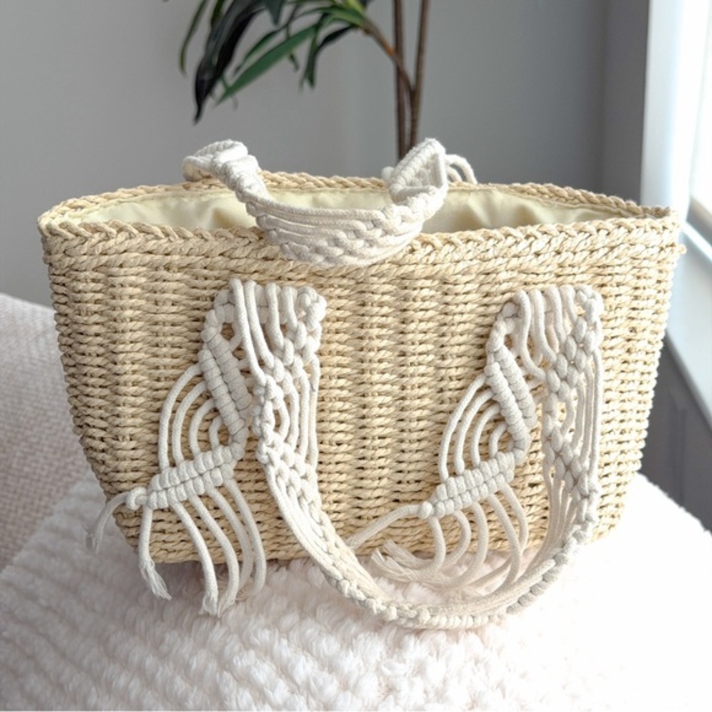 Woven Straw Beach Vacation Bag with Crochet Handles